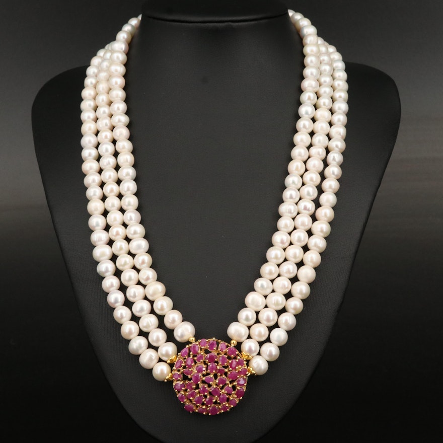 Sterling Corundum and Pearl Festoon Necklace