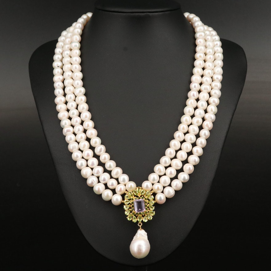Sterling Pearl, Peridot and Gemstone Festoon Necklace