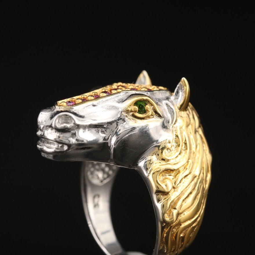 Sterling Garnet and Diopside Figural Equine Ring