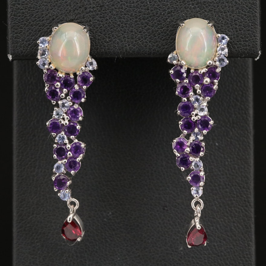 Sterling Opal and Gemstone Cluster Drop Earrings