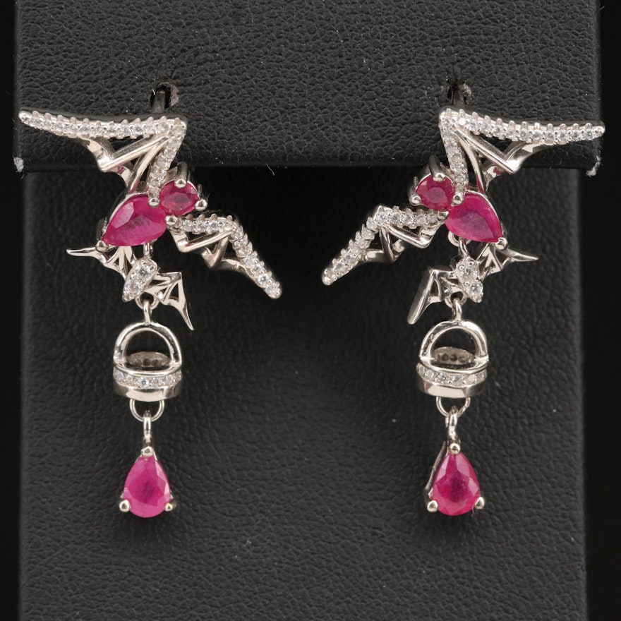 Sterling Flying Bat Earrings with Corundum and Cubic Zirconia