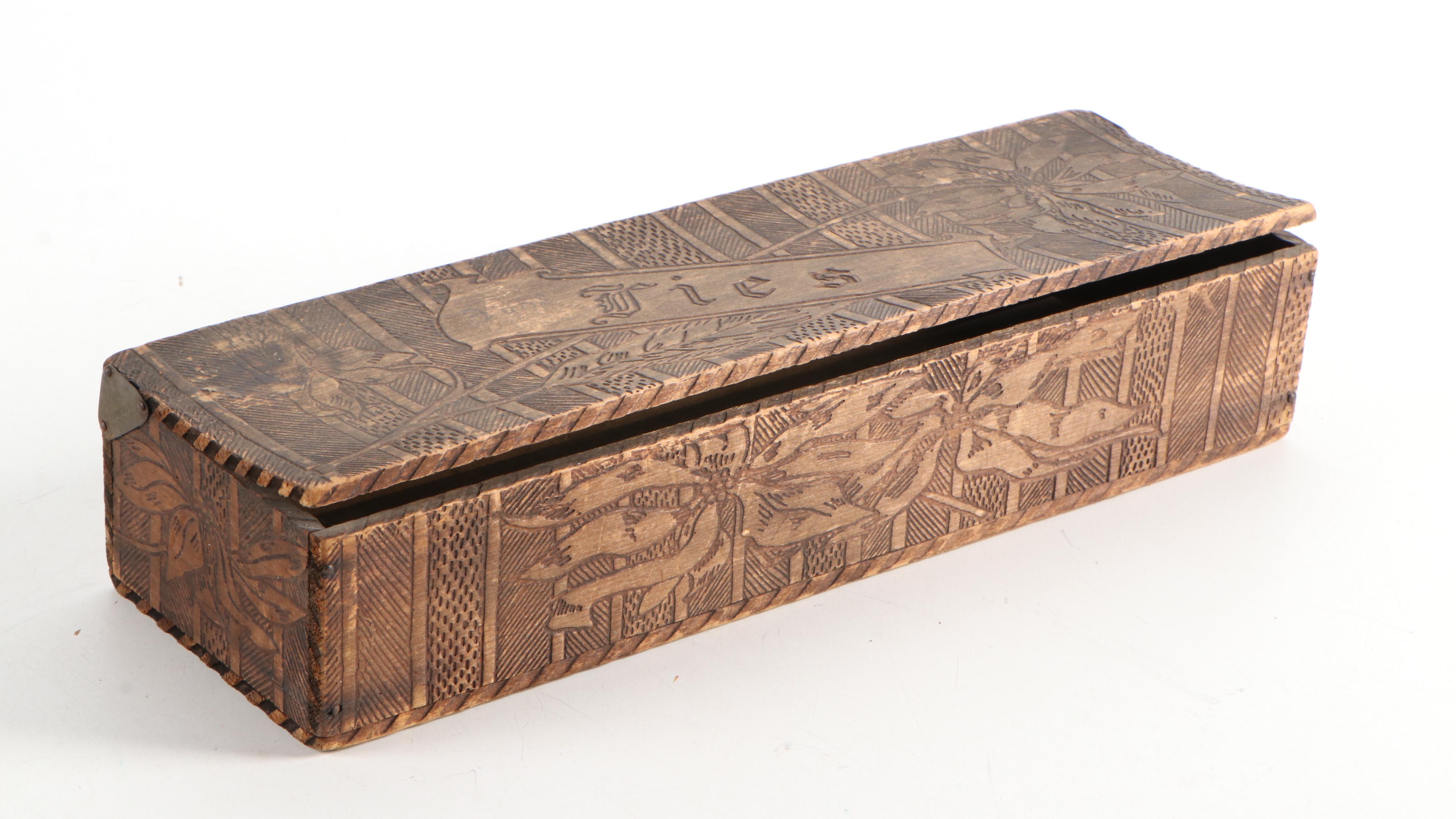 Flemish Art Co. Pyrography Rack with Other Tie Rack and Tie Box