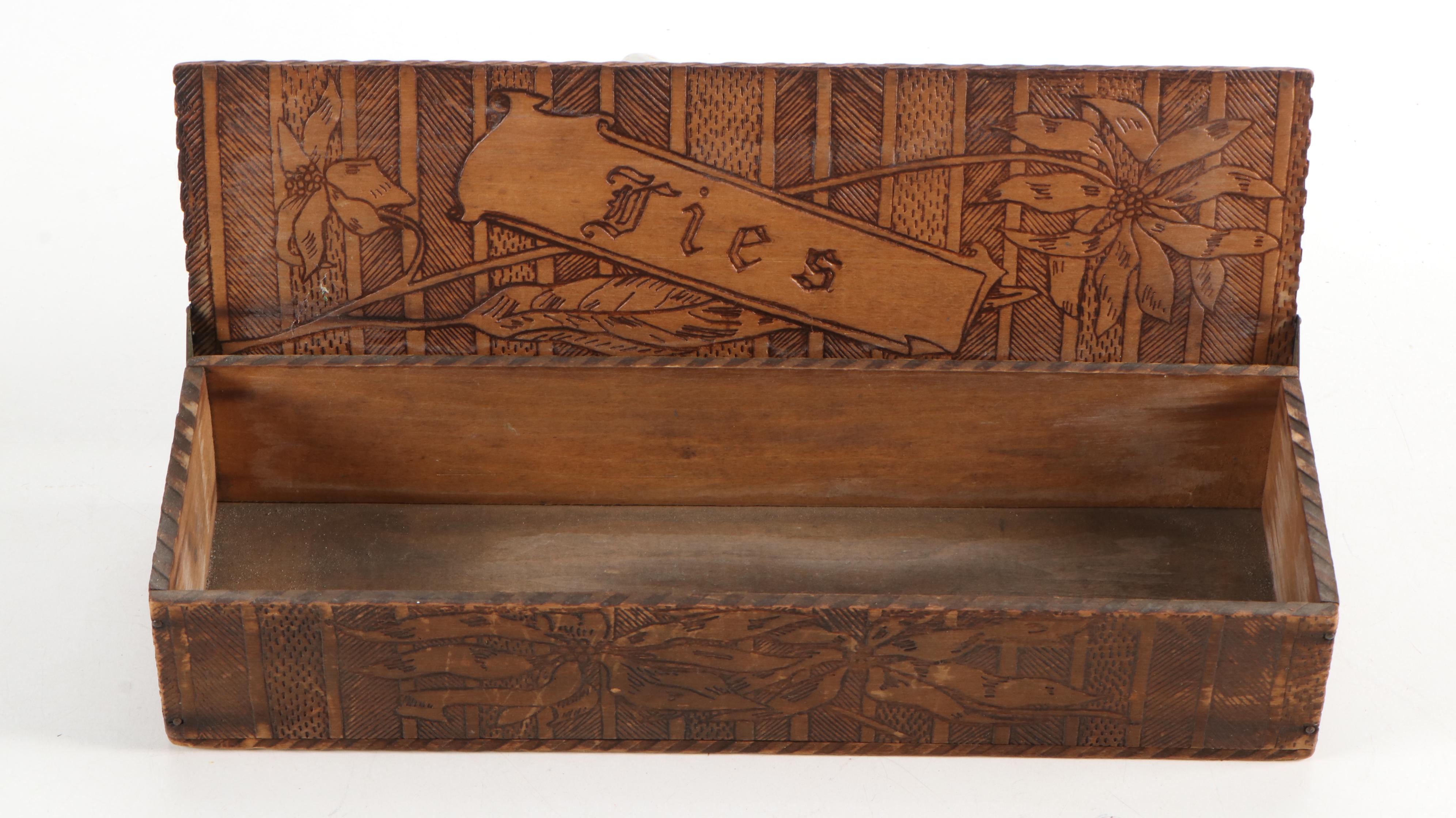 Flemish Art Co. Pyrography Rack with Other Tie Rack and Tie Box