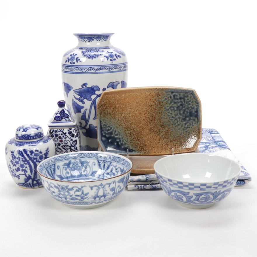 Chinese Blue and White Ginger Jars and Bowls with Other Tableware