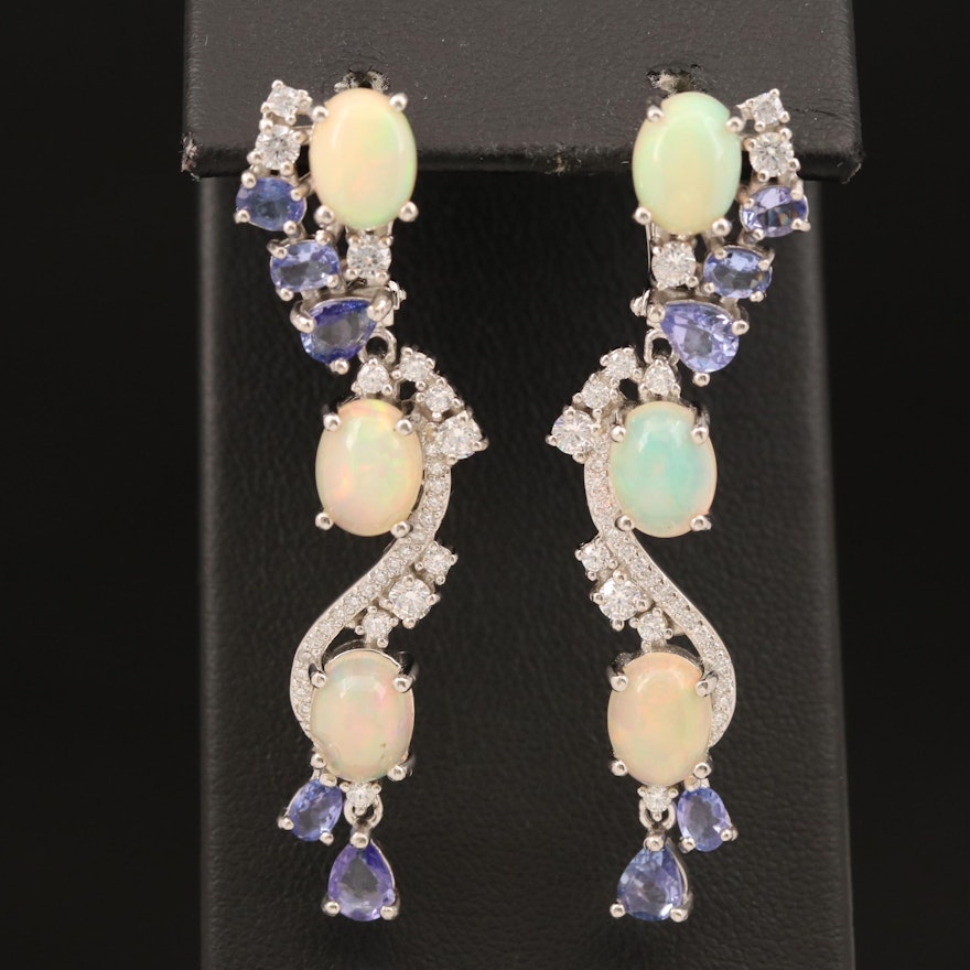 Sterling Opal, Tanzanite and Cubic Zirconia Dangle Earrings