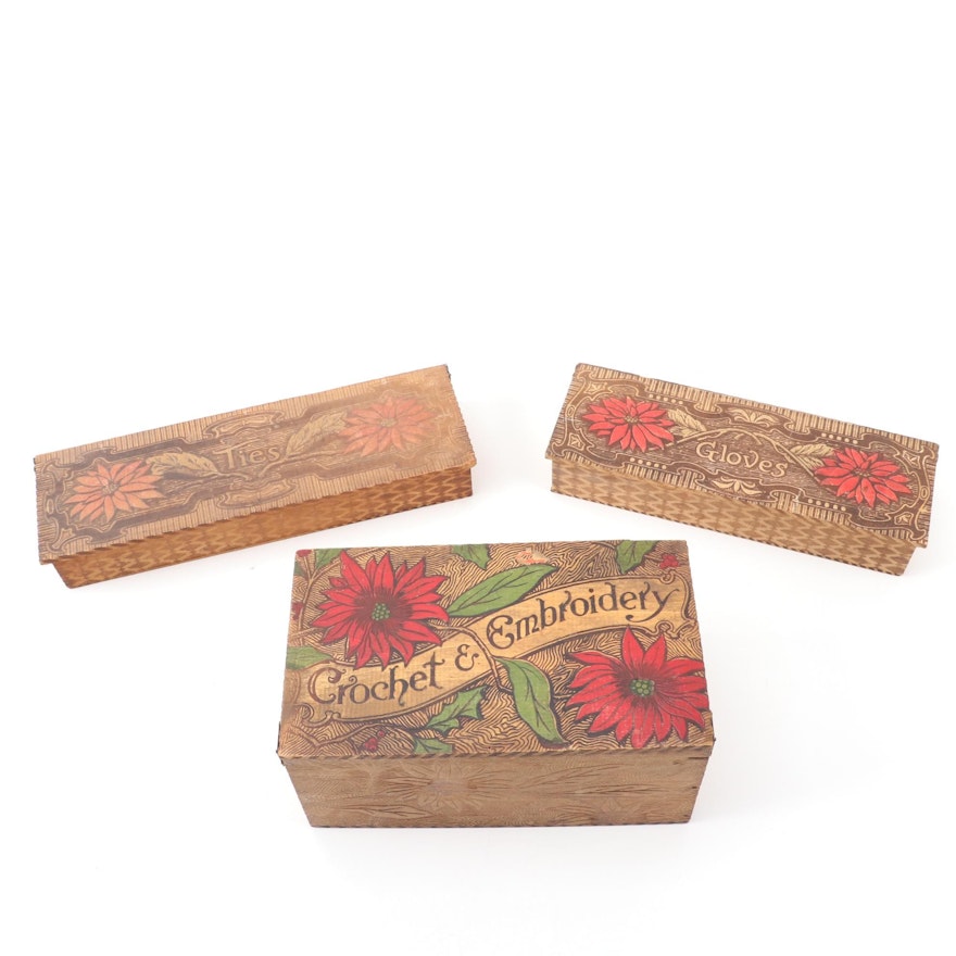 Art Nouveau Pyrography Wooden Embroidery, Glove and Tie Boxes, Early 20th C.