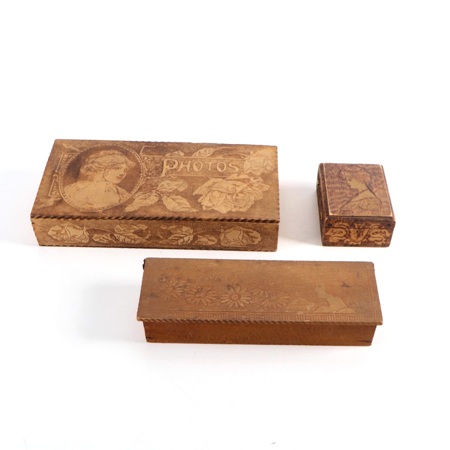 Art Nouveau Pyrography Wood Photos Box and More, Early 20th Century