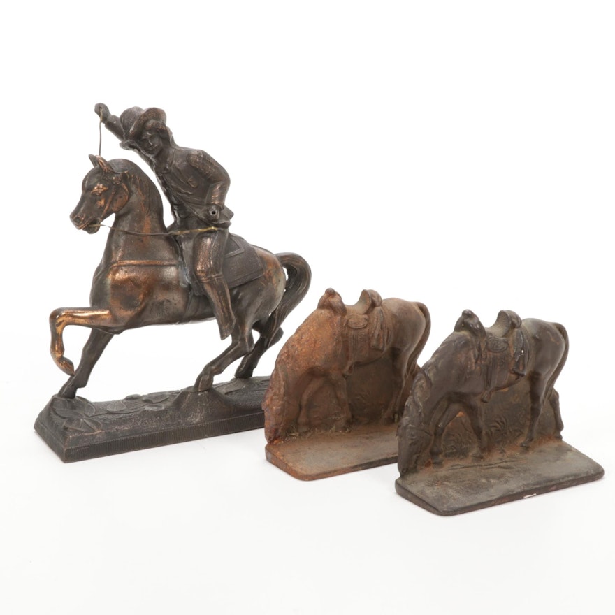 Buffalo Bill Bronzed Spelter Clock Topper with Cast Iron Horse Bookends