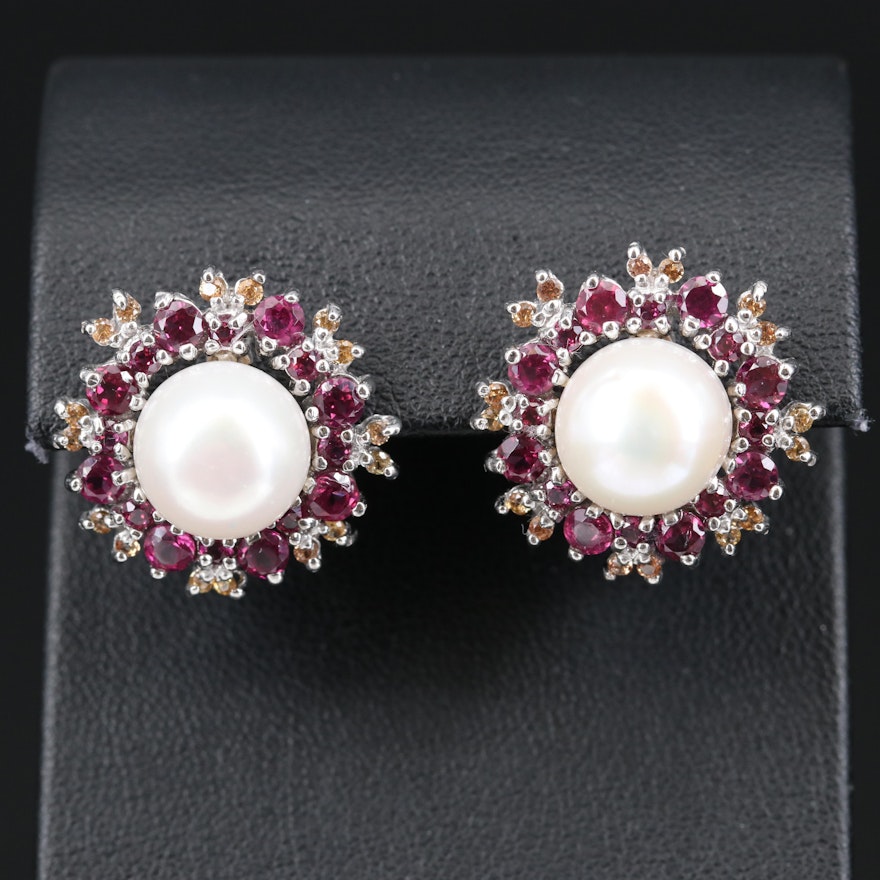 Sterling Pearl, Rhodolite Garnet and Sapphire Button Earrings