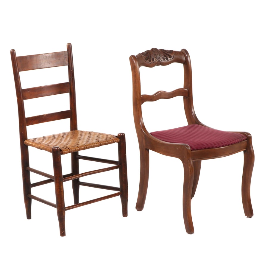 Empire Style Walnut Side Chair with Woven Seat Ladder Back Chair