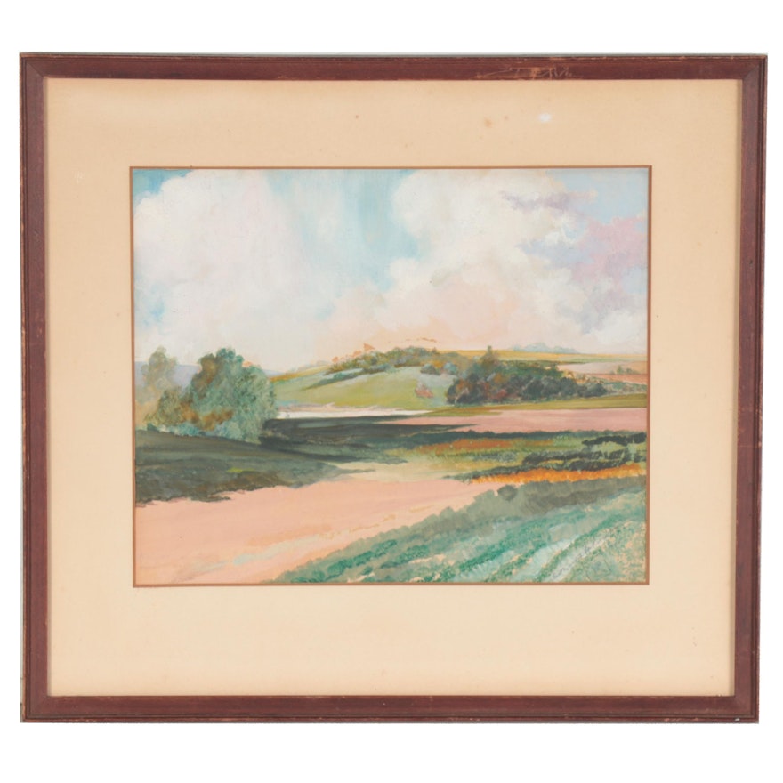 Landscape Gouache Painting of Rolling Hills, 1936