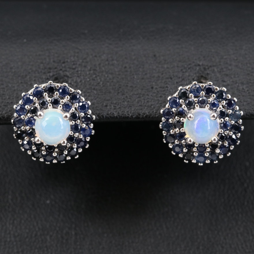 Sterling Opal and Sapphire Stud Earrings