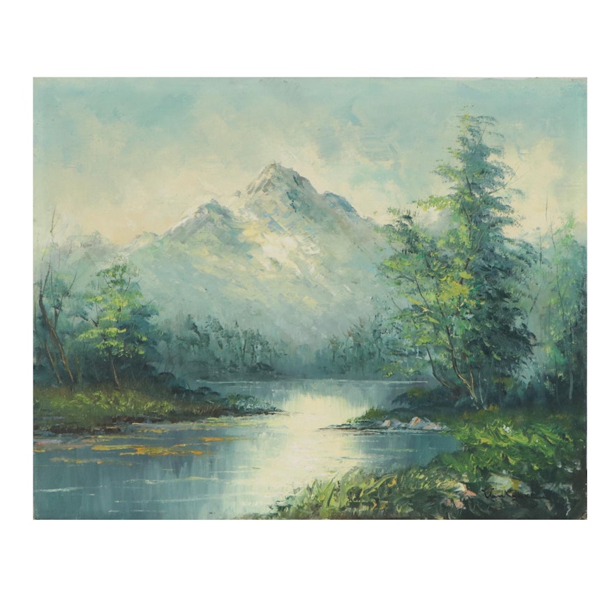 Mountain Landscape Oil Painting, Mid-20th Century