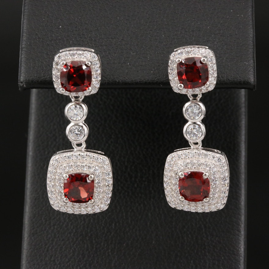 Sterling Garnet and Cubic Zirconia Halo Drop Earrings