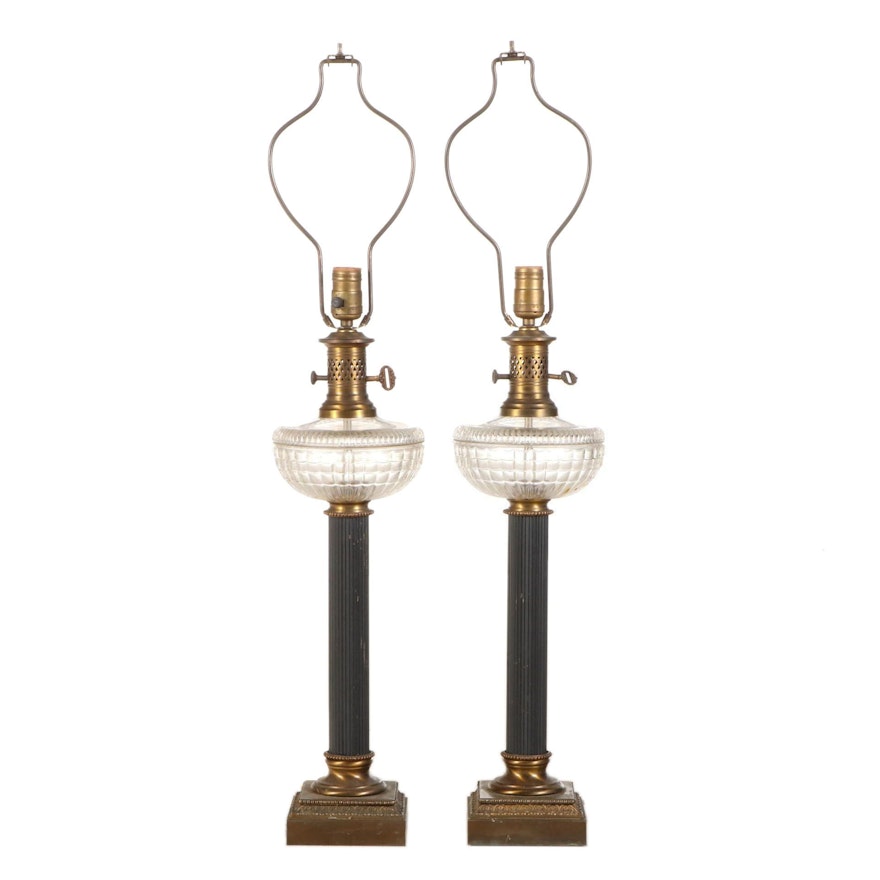 Berger Swivel Harp Neoclassical Style Converted Oil Table Lamps, Early 20th C