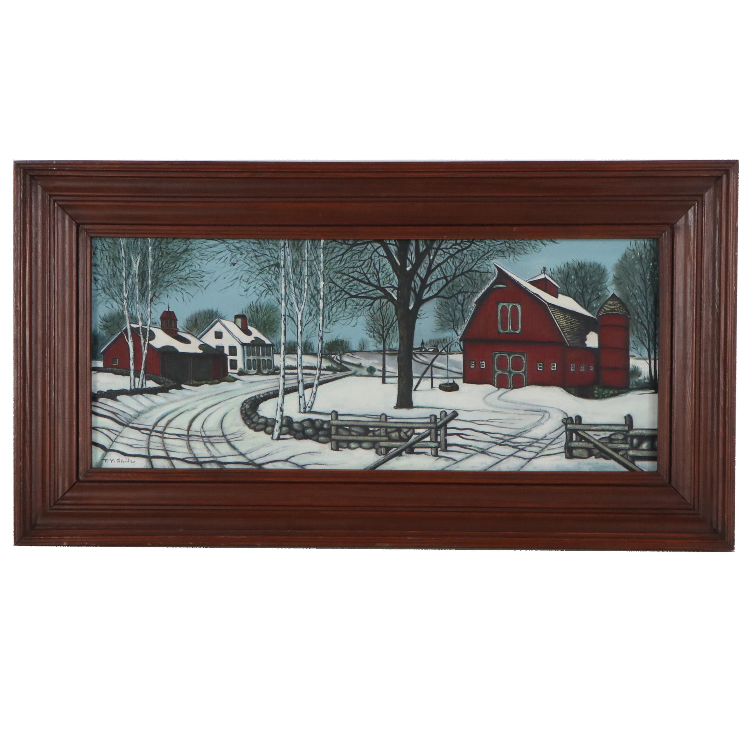 Winter Farm Scene Acrylic Painting, Late 20th Century