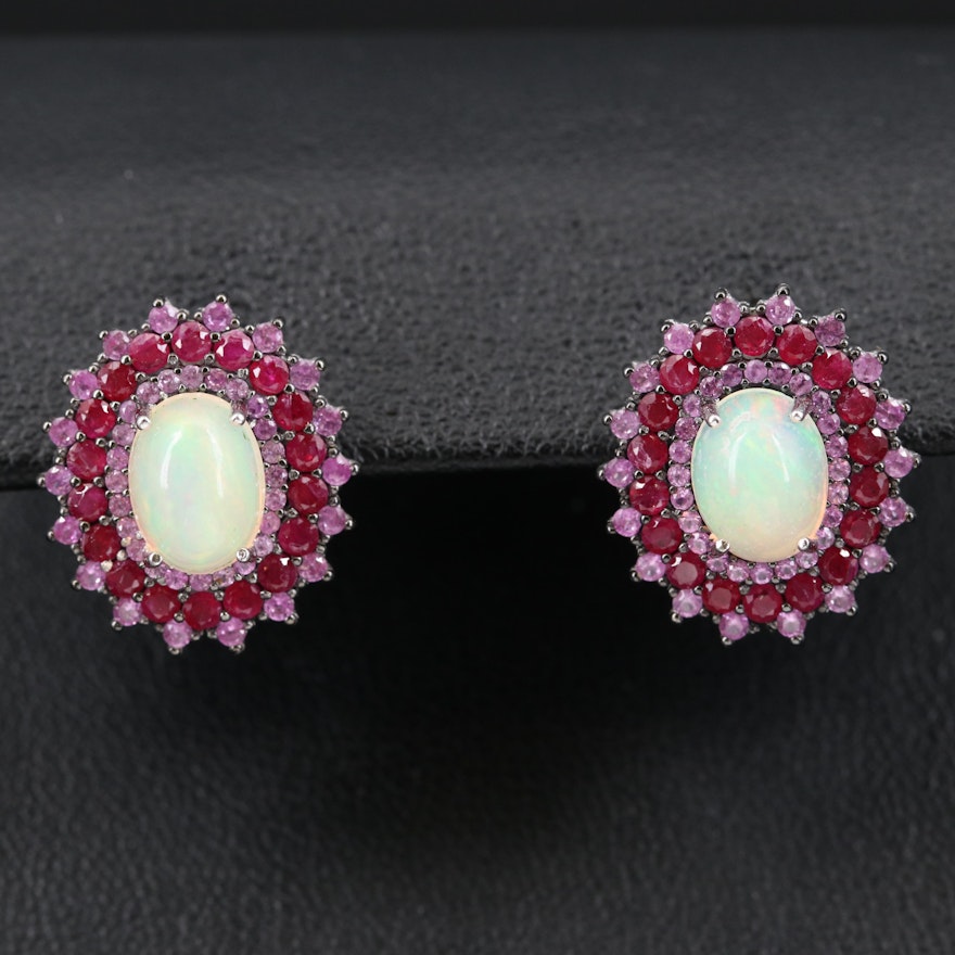 Sterling Opal, Ruby and Sapphire Earrings