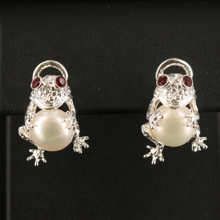 Sterling Pearl and Garnet Frog Earrings