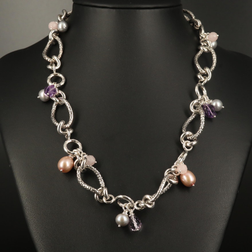 Michael Dawkins Sterling Amethyst, Pearl and Rose Quartz Necklace
