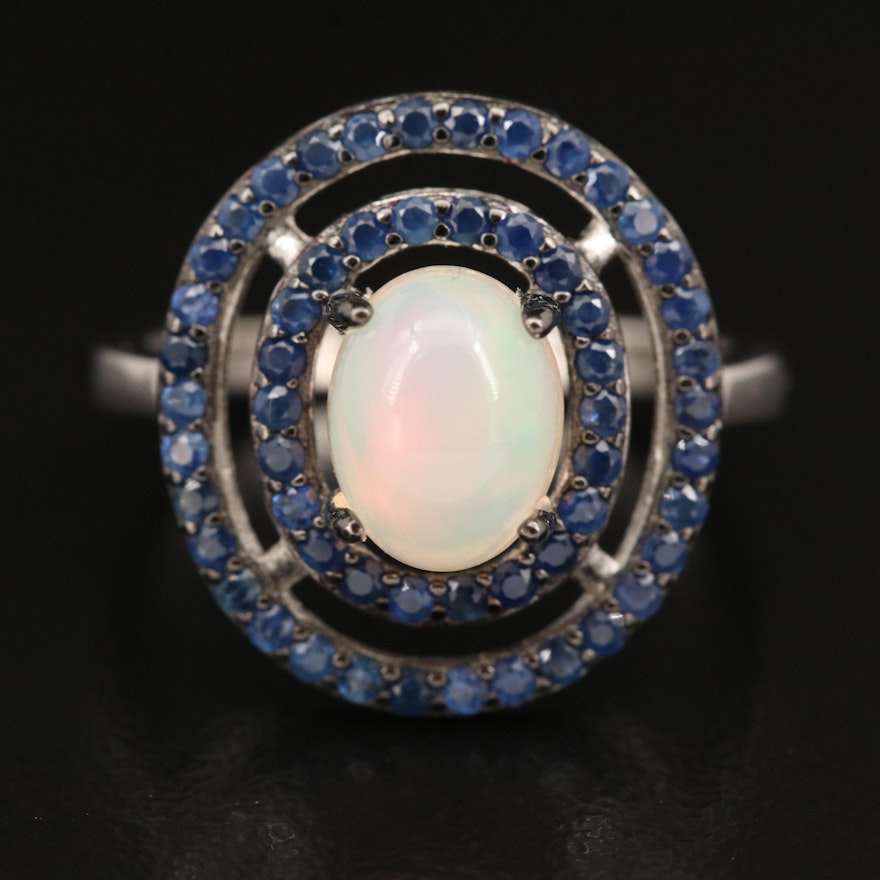 Sterling Opal and Sapphire Double Halo Ring