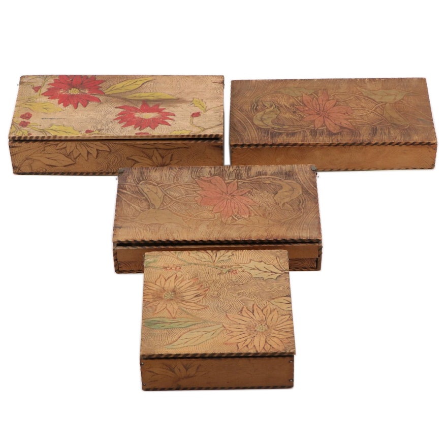 Art Nouveau Floral Pyrography Wooden Boxes, Early 20th Century