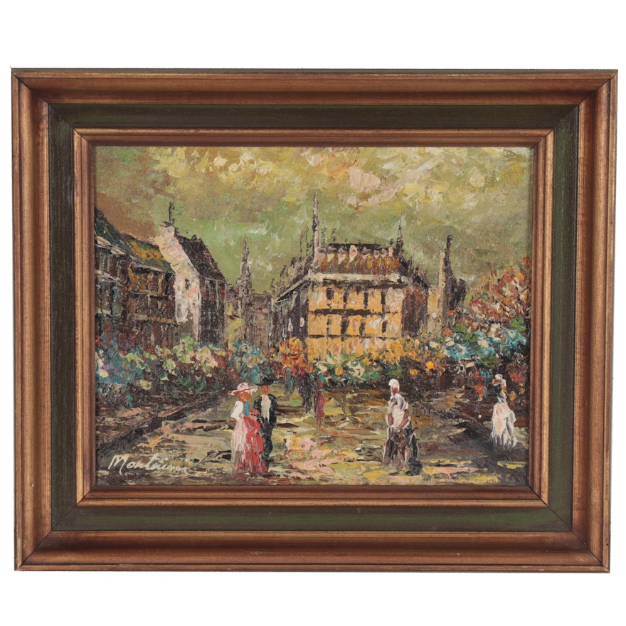 Impressionist Style Oil Painting of City Square, Late 20th Century