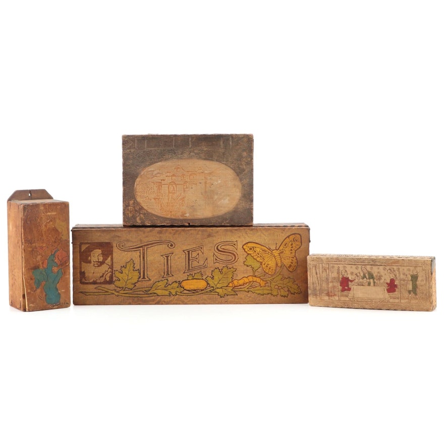 Wooden Pyrography Boxes Including Tie Box, Razor Box and More, Early 20th C.