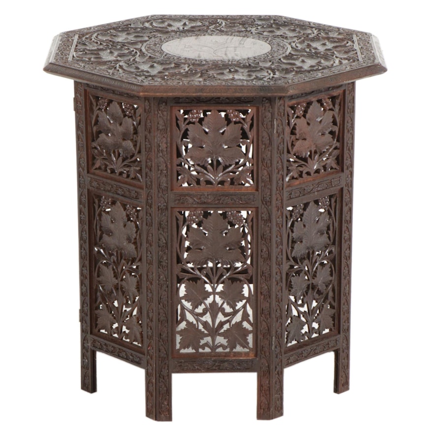 Anglo-Indian Carved Wood Folding Table With Brass Inlay