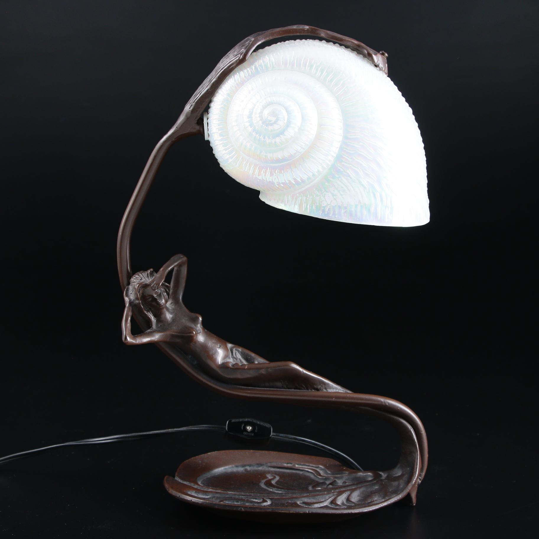 Art Nouveau Style Metal Table Lamp with Opalescent Glass Snail Shade