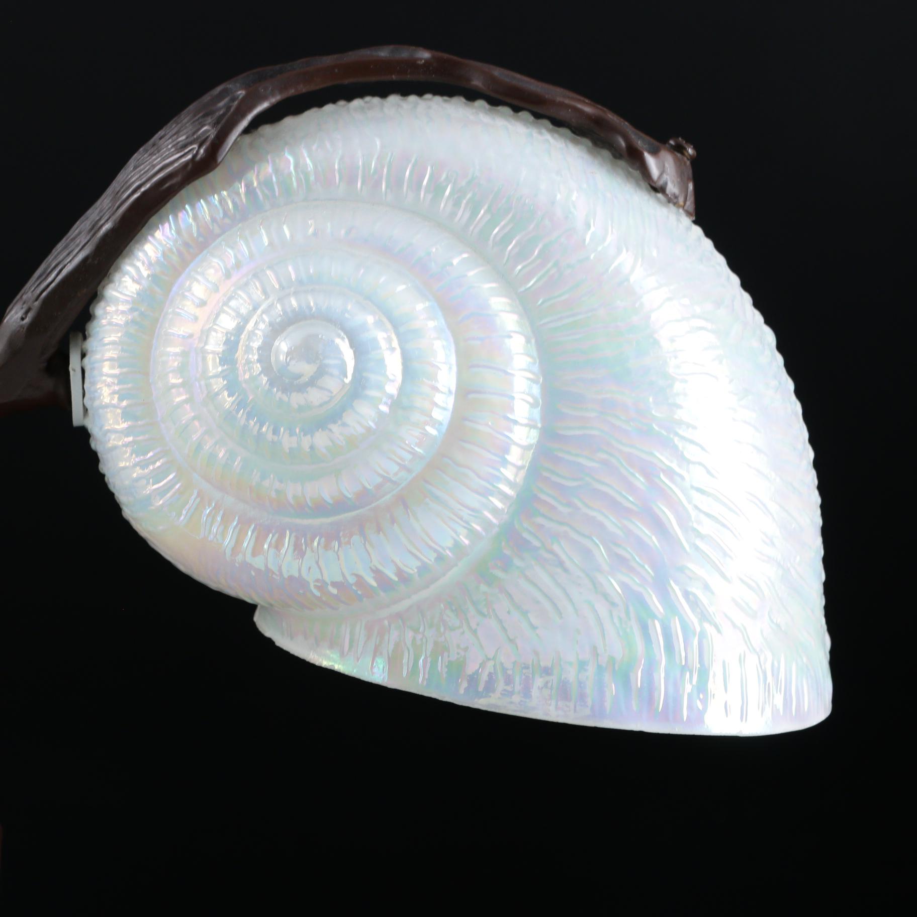 Art Nouveau Style Metal Table Lamp with Opalescent Glass Snail Shade