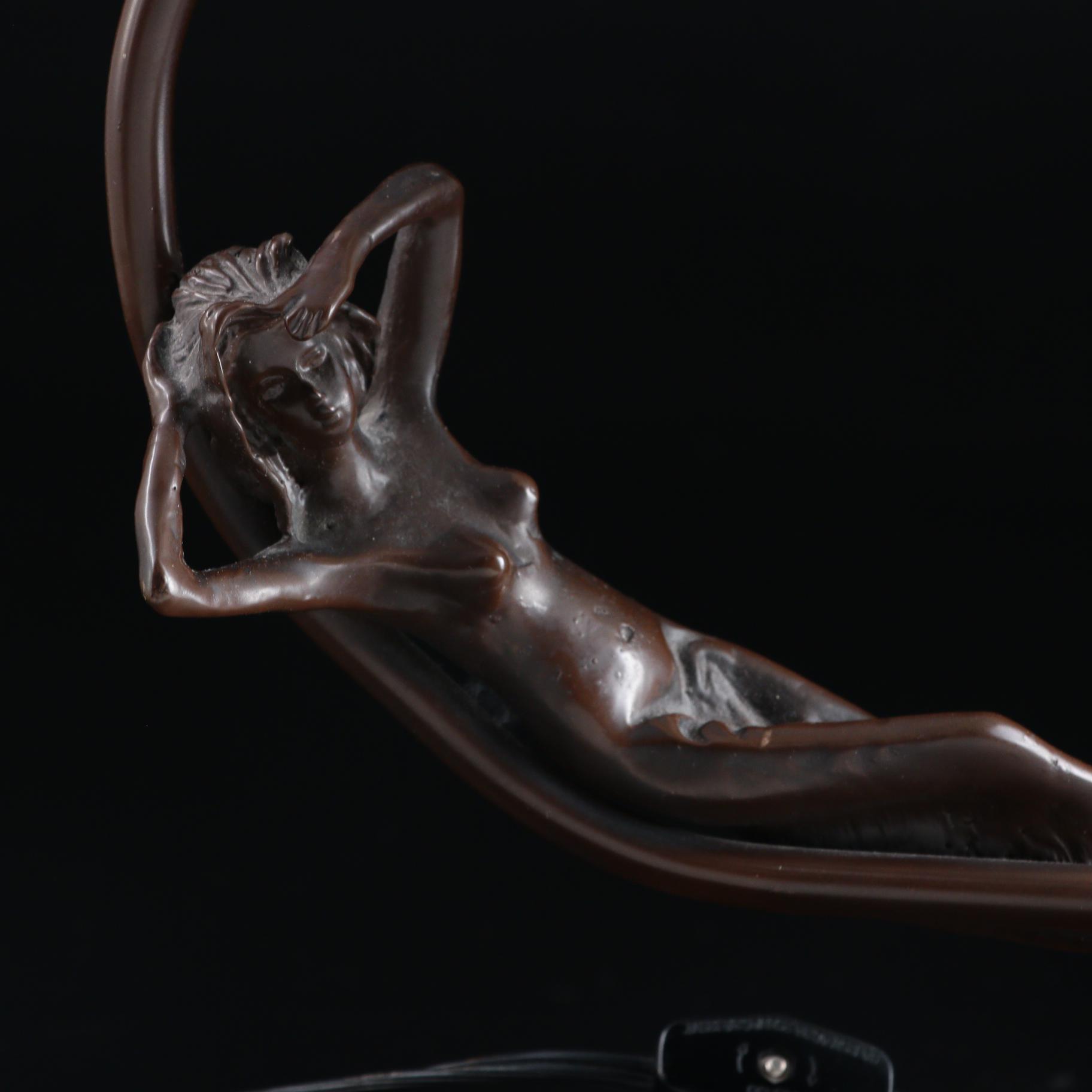 Art Nouveau Style Metal Table Lamp with Opalescent Glass Snail Shade