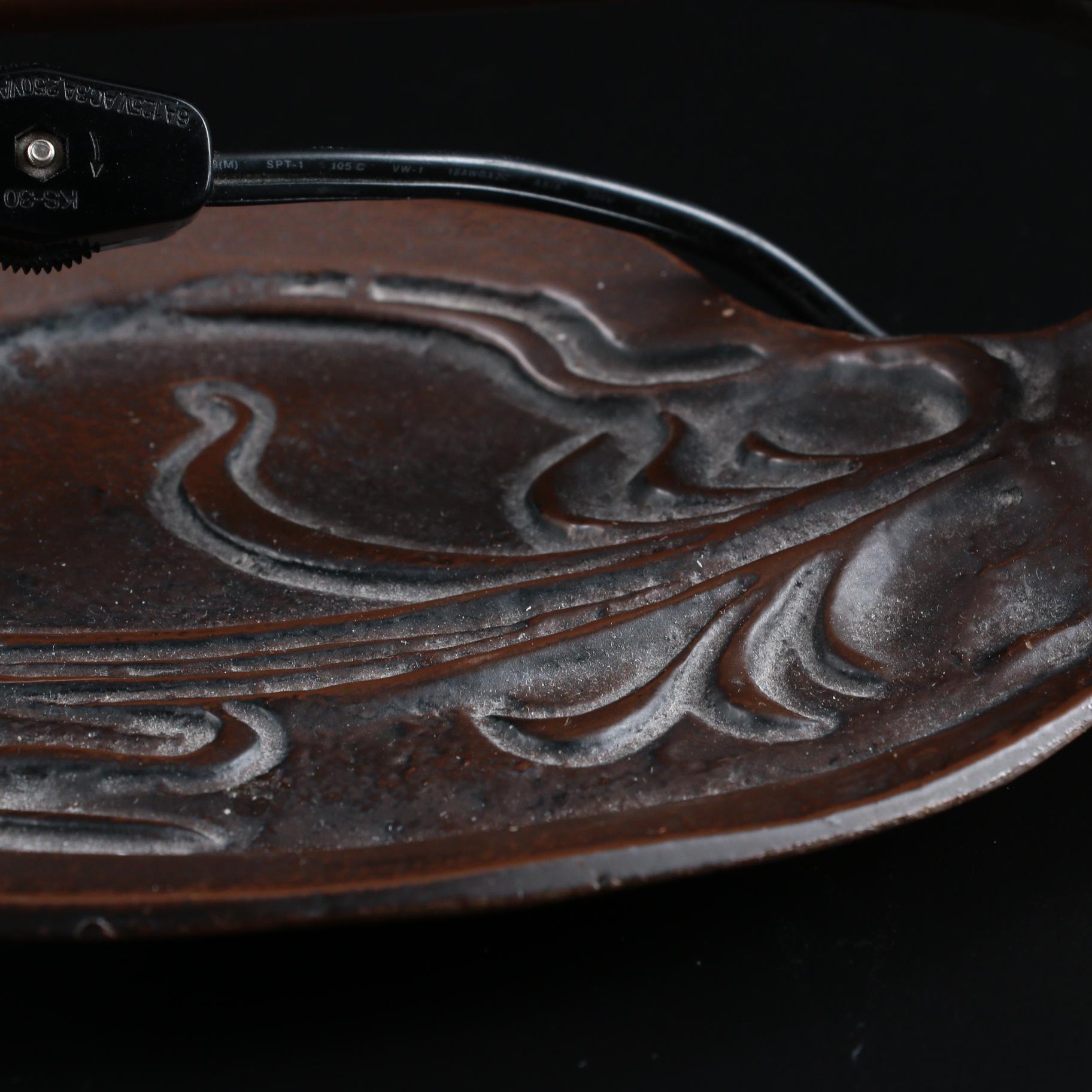 Art Nouveau Style Metal Table Lamp with Opalescent Glass Snail Shade