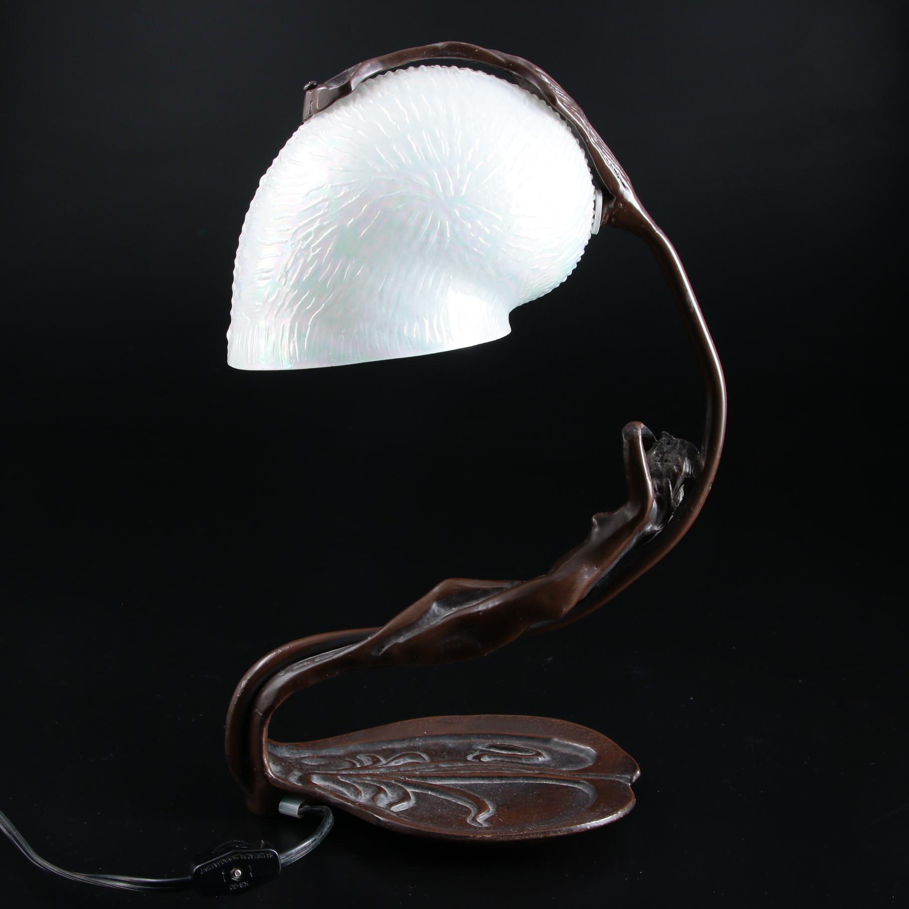 Art Nouveau Style Metal Table Lamp with Opalescent Glass Snail Shade