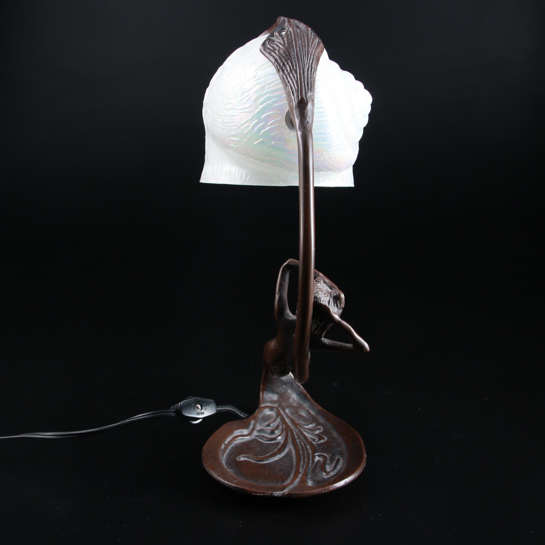 Art Nouveau Style Metal Table Lamp with Opalescent Glass Snail Shade