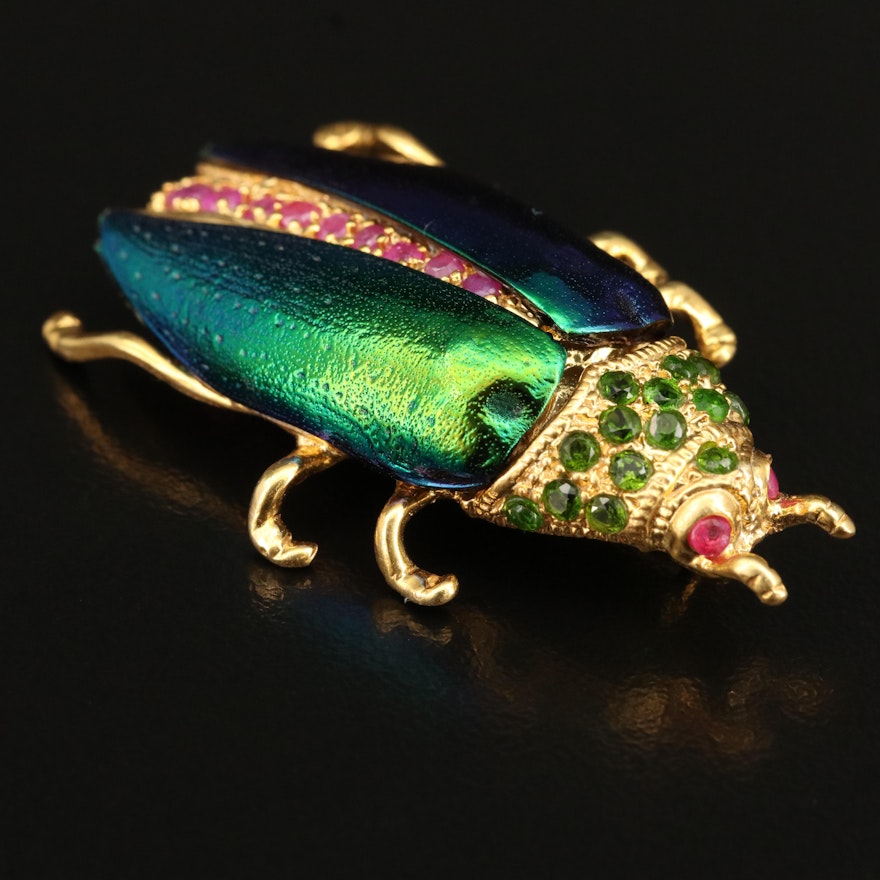 Sterling Corundum and Diopside Beetle Brooch