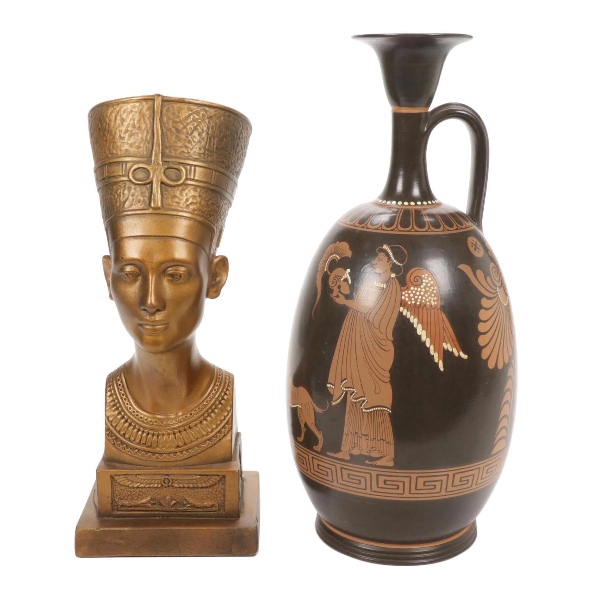 Marwal Industries Nefertiti Bust with Handpainted Urn with Greek Motif