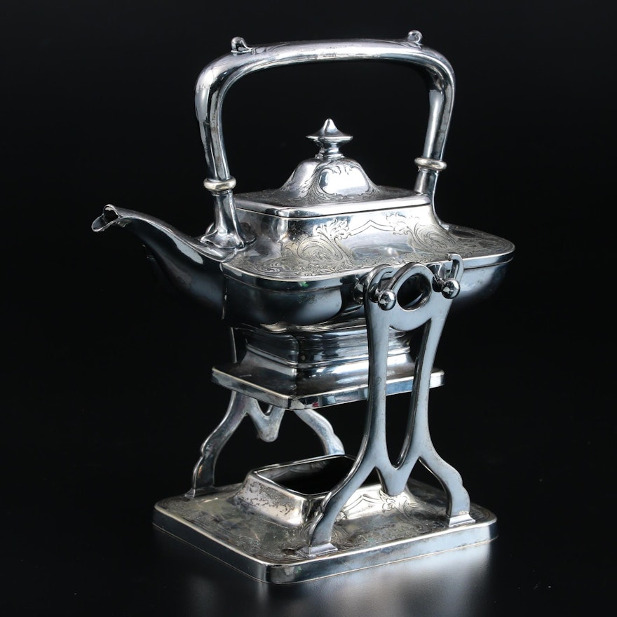 Meriden Brittania Co. Silver Plate Chased Tea Kettle and Stand, Early 20th C.