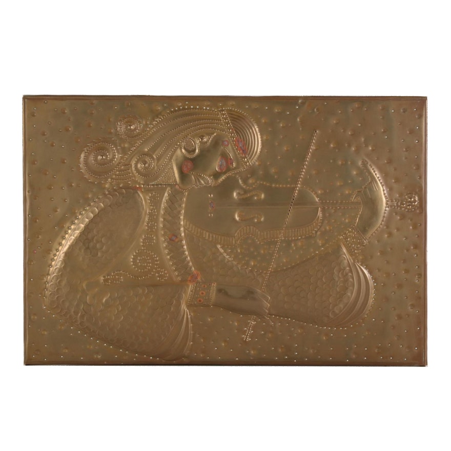 Chased and Repoussé Brass Panel of Musician, circa 1972