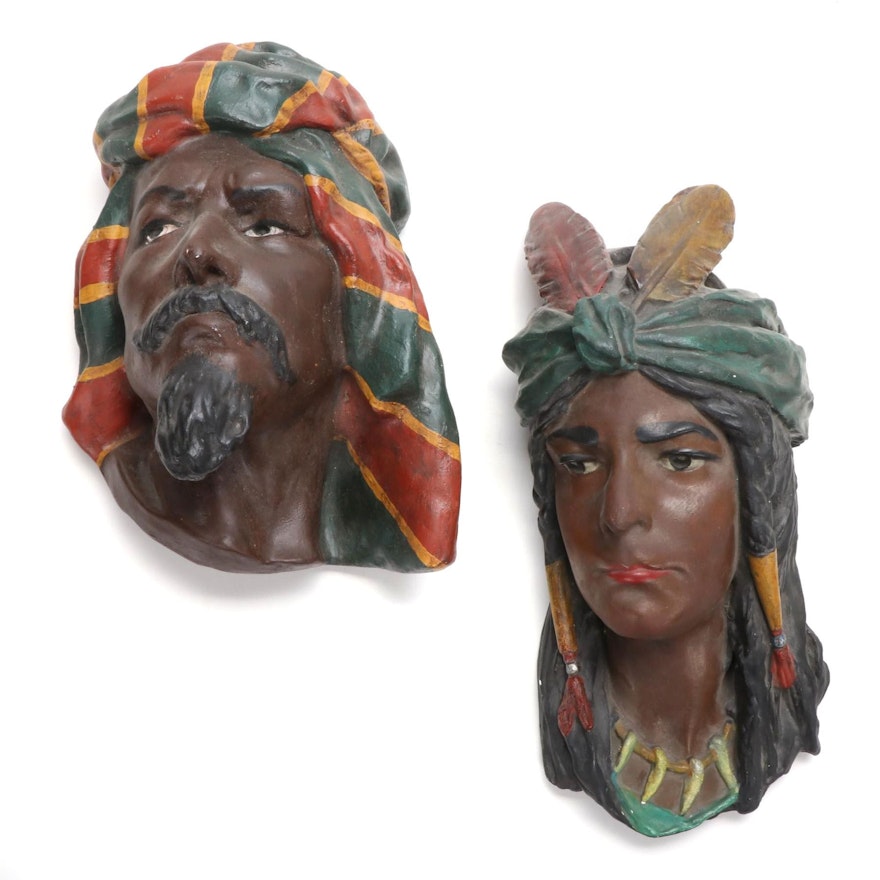 Blackamoor and Native American Polychrome-Decorated Plaster Figure Wall Mounts