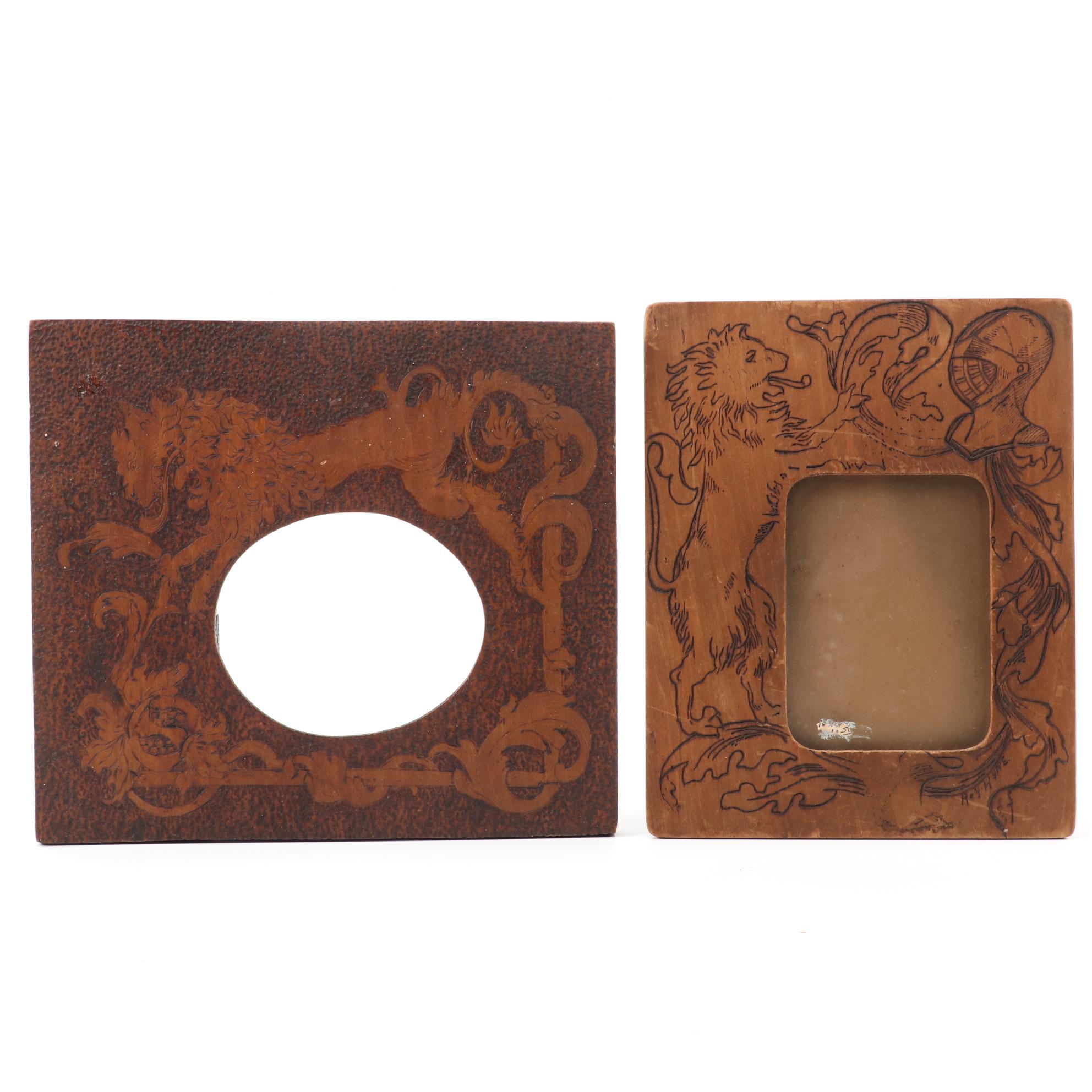 Pyrography Engraved Wood Frames with Medieval Heraldry Motifs