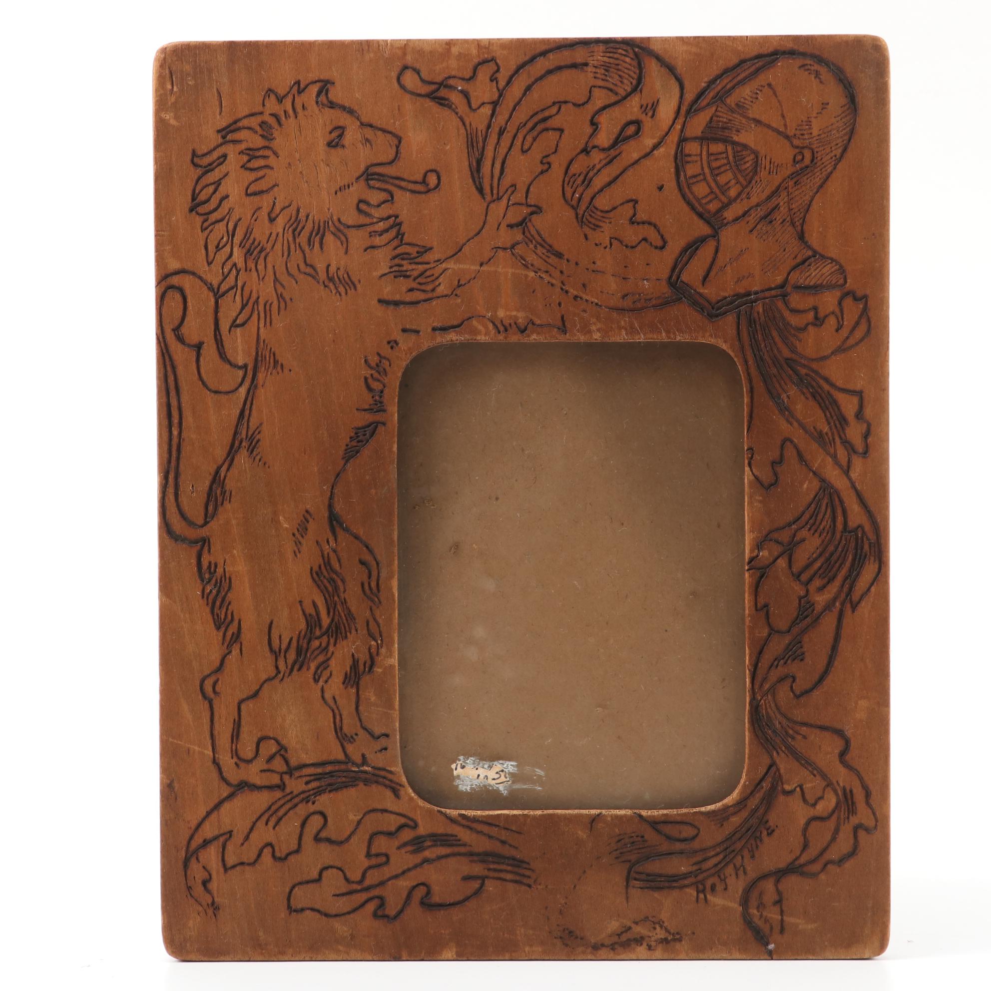 Pyrography Engraved Wood Frames with Medieval Heraldry Motifs