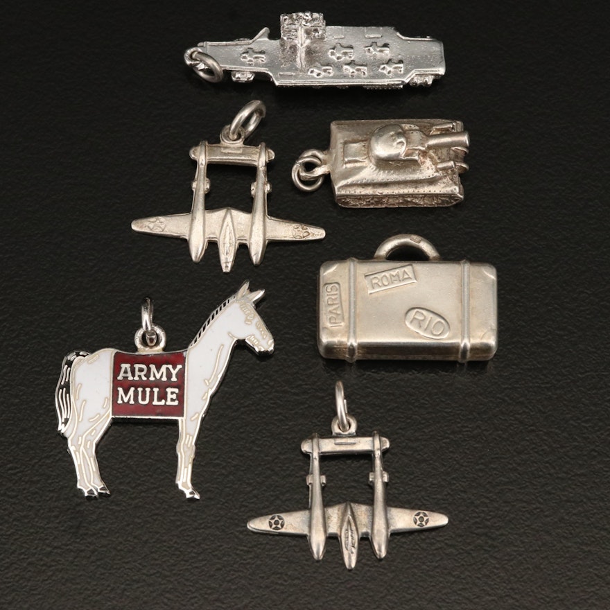 Sterling and 900 Silver Charm Selection Including Tank, Battle Ship and Plane