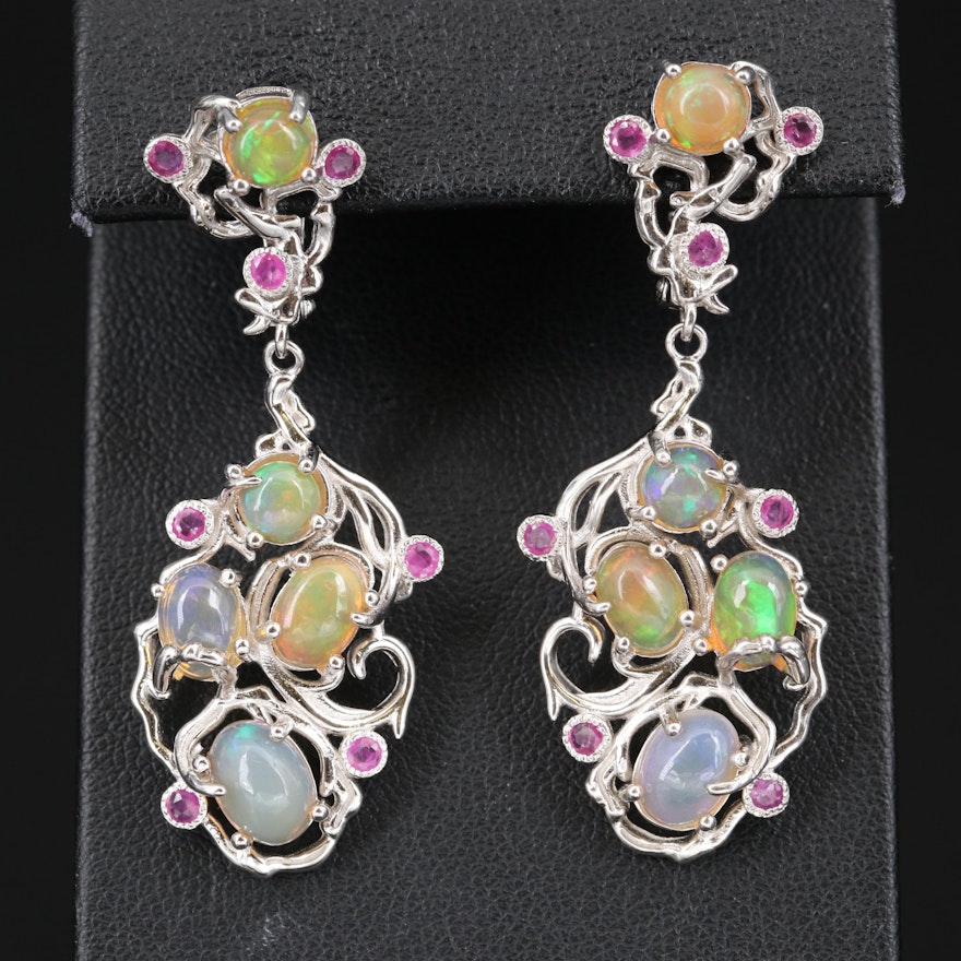 Sterling Opal and Ruby Earrings