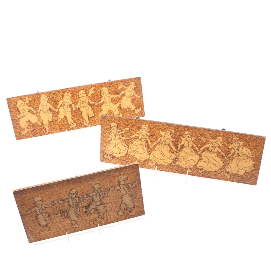 Pyrography Engraved Plaques of Dutch Children, Early 20th Century
