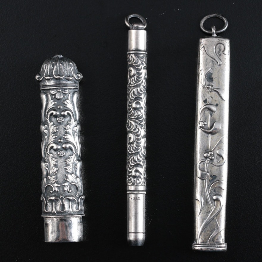 Repoussé Sterling Mechanical Pencil and Needle Case, with 850 Silver Needle Case