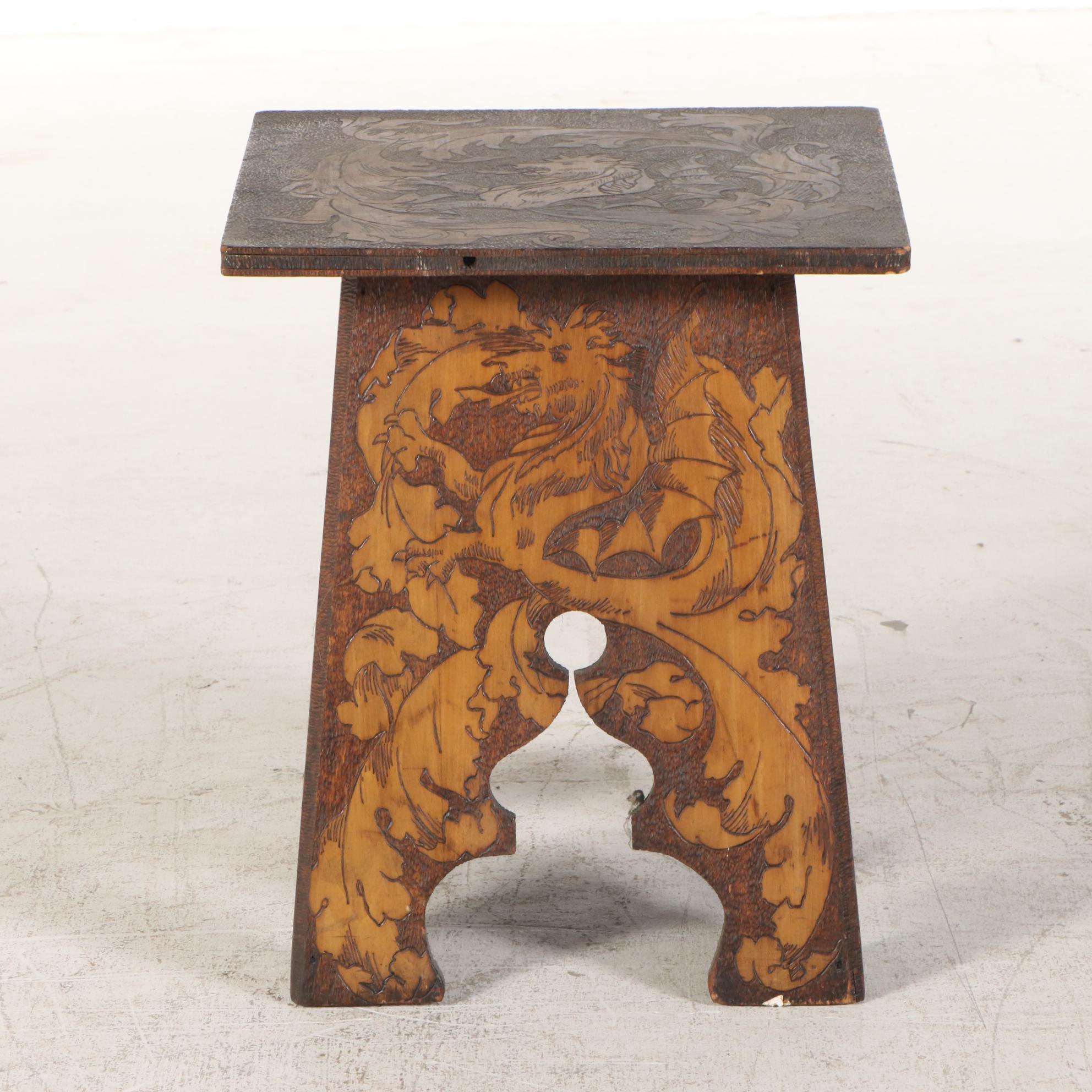 Arts and Crafts Pyrography Side Table, Early 20th Century