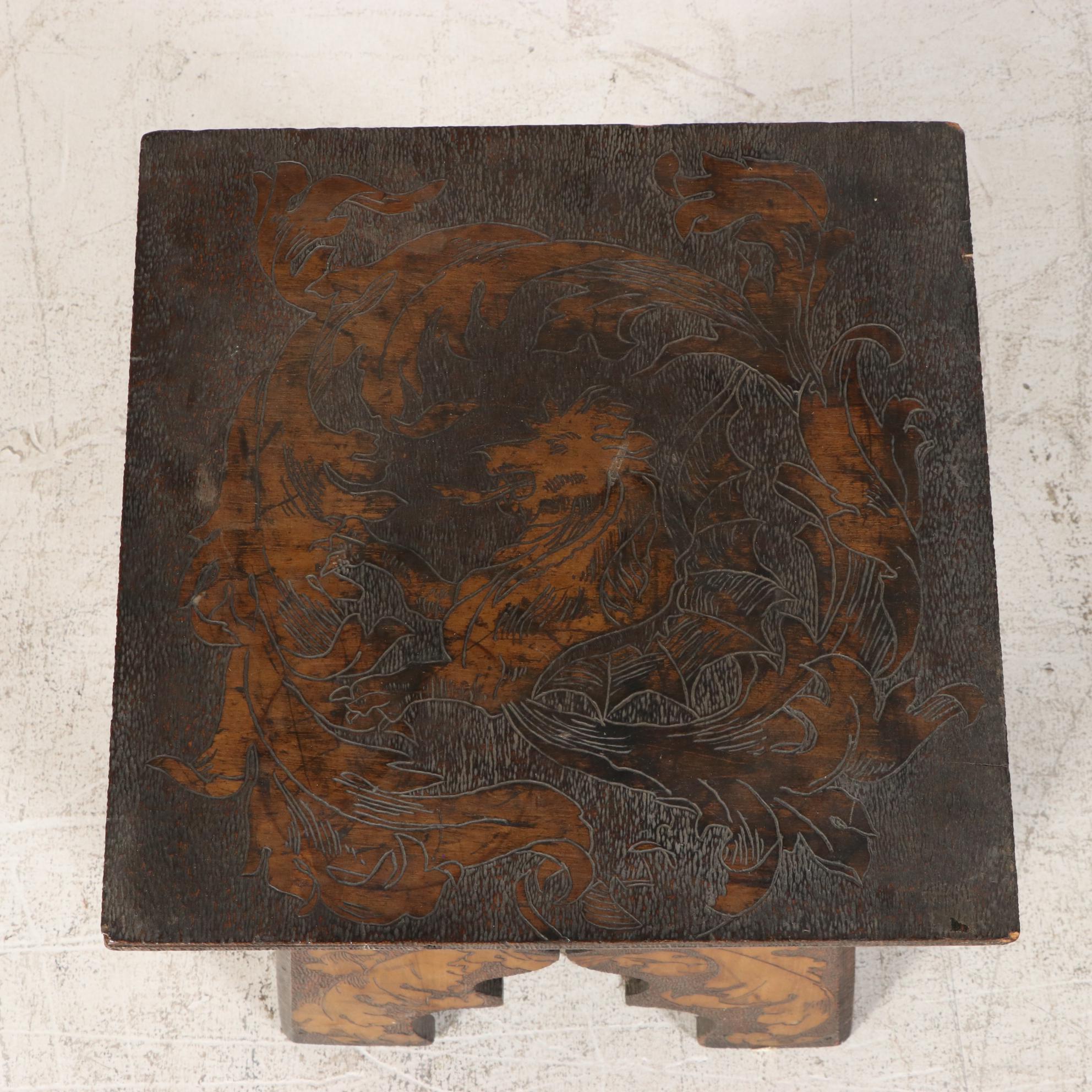 Arts and Crafts Pyrography Side Table, Early 20th Century
