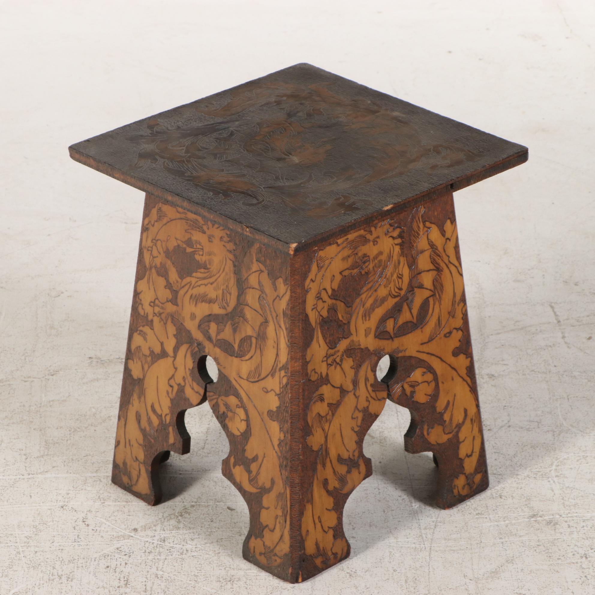 Arts and Crafts Pyrography Side Table, Early 20th Century