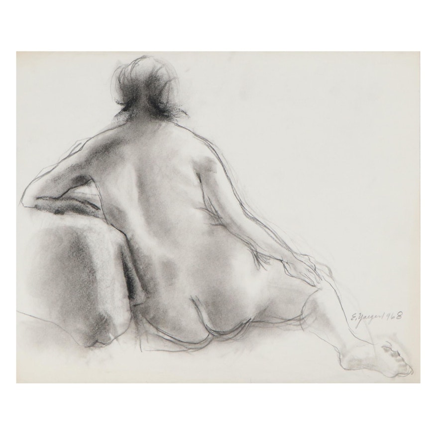 Edgar Yaeger Charcoal Drawing of Seated Female Nude, 1968