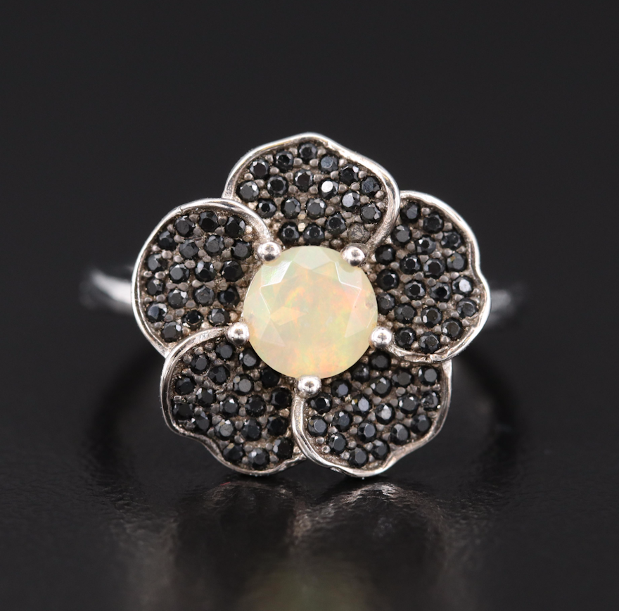 Sterling Opal and Black Spinel Flower Ring